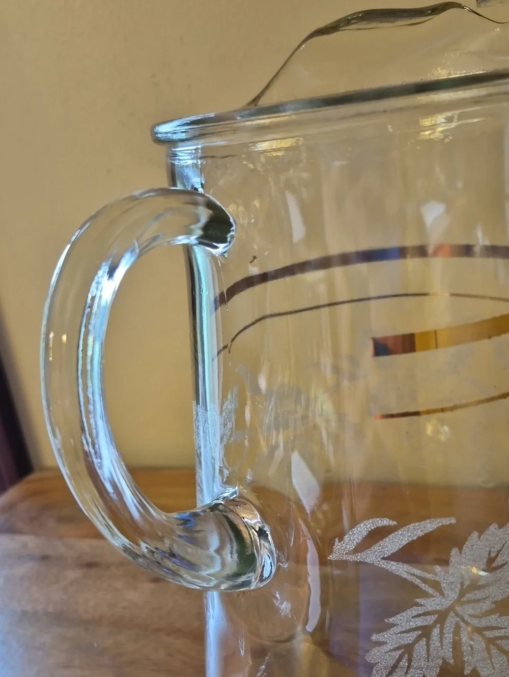 Vintage Bartlett-Collins Glass Pitcher with Etched Grape Leaves & Gold Bands